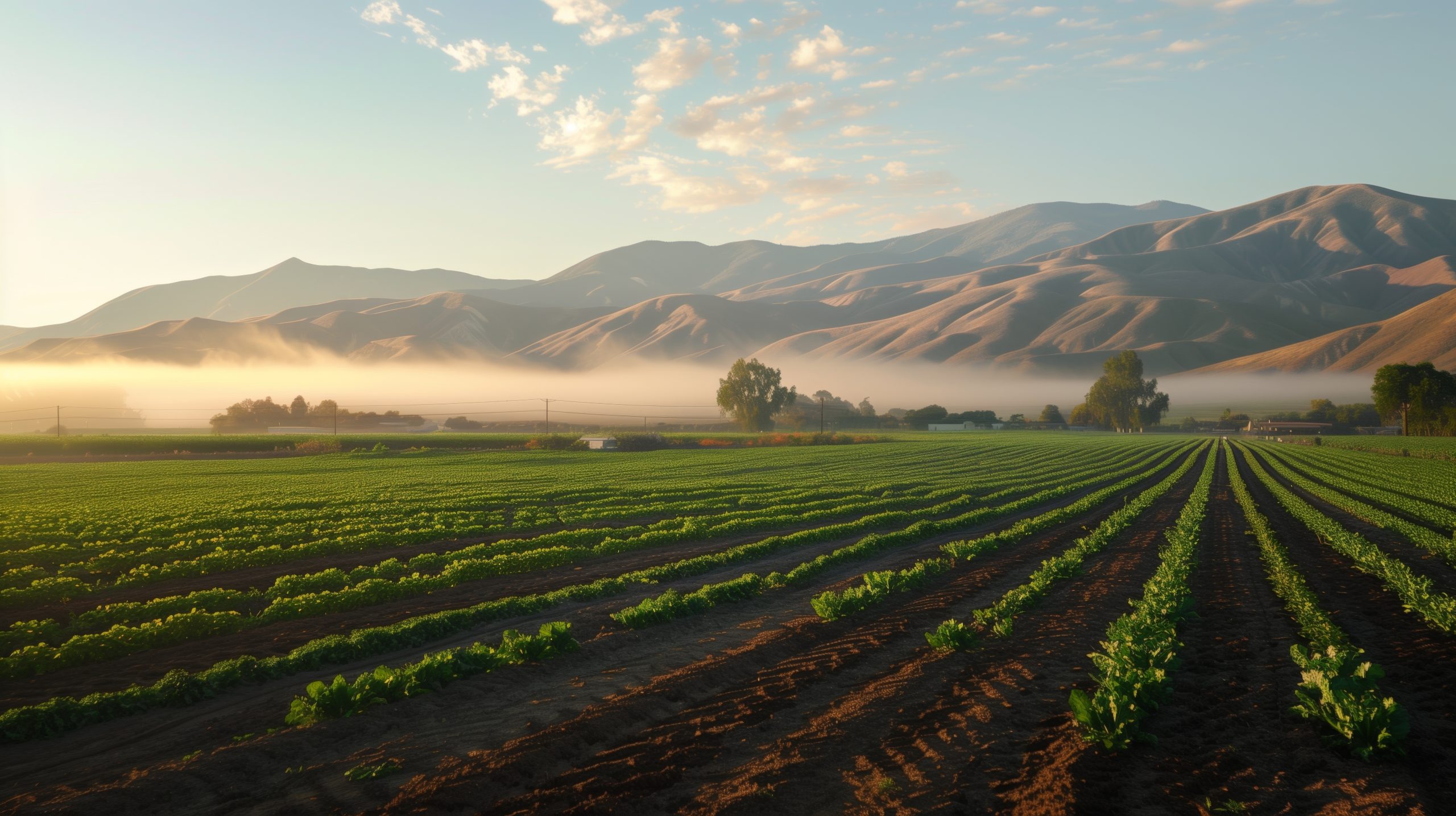 A lettuce field with mountains in the background.