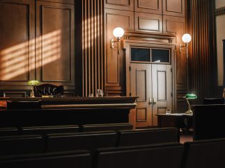 Empty American Style Courtroom. Supreme Court of Law and Justice