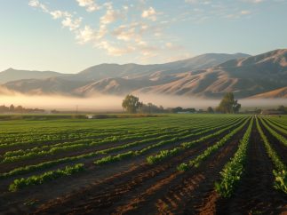 Farm Field With Background Mountains A lettuce field with mountains in the background.
